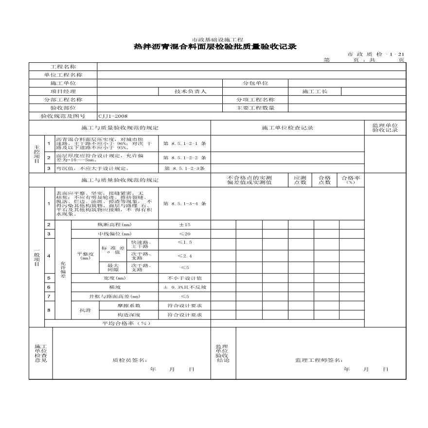 市政道路工程检验批质量验收记录-热拌沥青混合料面层检验批质量验收记录-图一