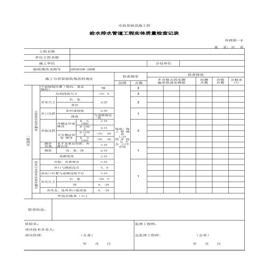 市政统表-给水排水管道工程实体质量检查记录