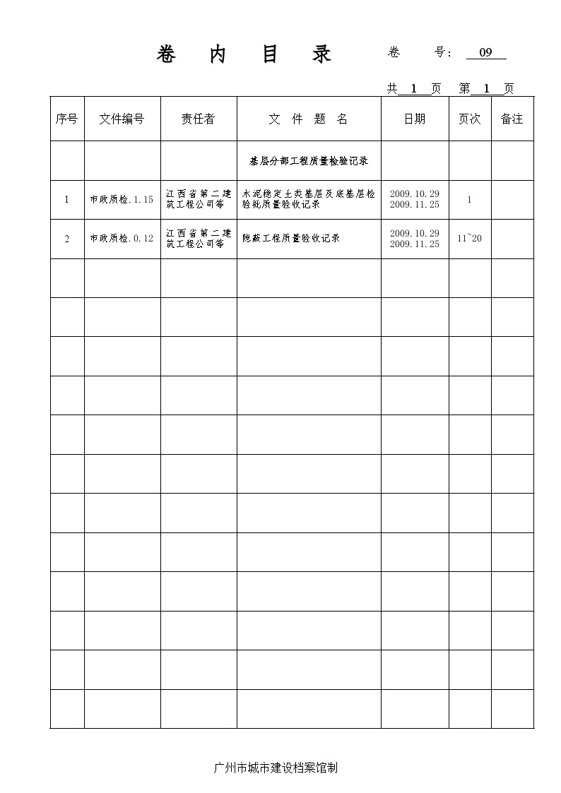 道路工程基层分部工程质量检验记录-基层分部（第9卷）——卷内目录-图一