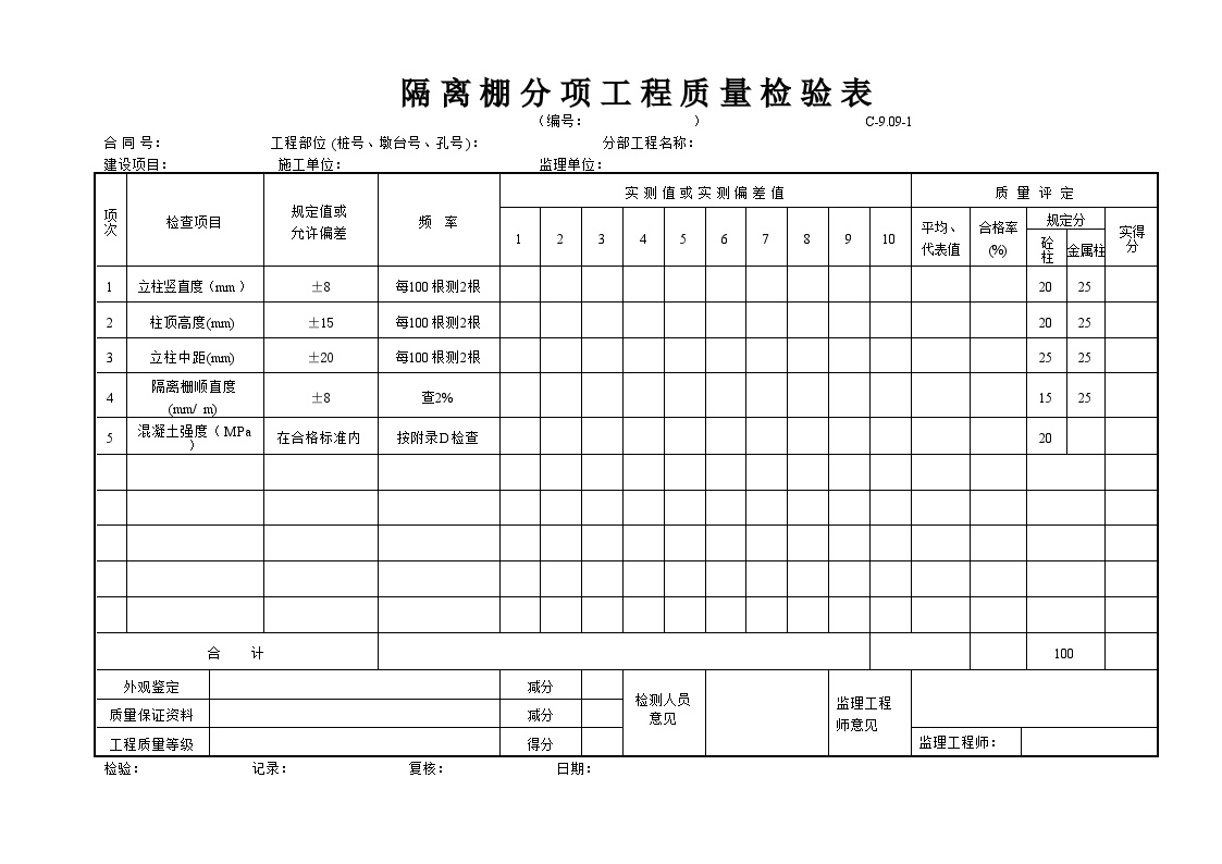 全国通用高速公路资料表格样本C-9.09-1隔离栅分项工程质量检验表.doc-图一