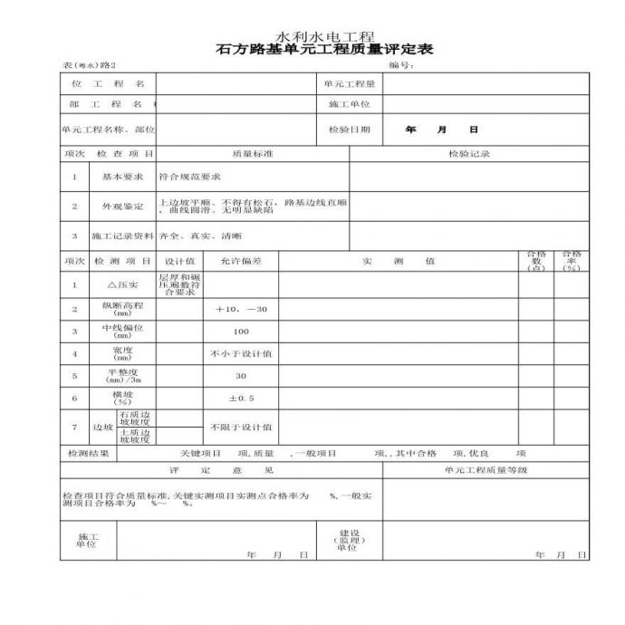 表(粤水)路2 石方路基单元工程质量评定表_图1