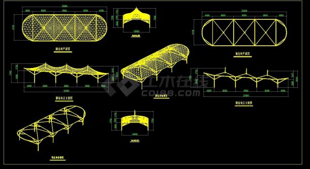 膜结构汽车棚车库建筑方案CAD施工图纸 景观停车场车棚设计-图一