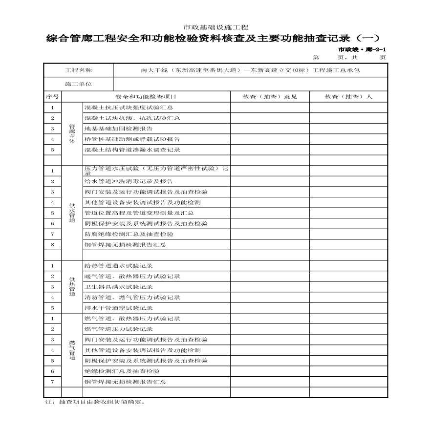 市政竣·廊-2 综合管廊工程安全和功能检验资料核查及主要功能抽查记录（一）（二）-图一