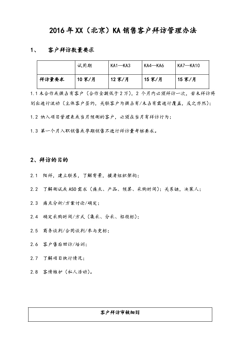 【行业案例】XX公司（北京）KA销售客户拜访管理办法-图一