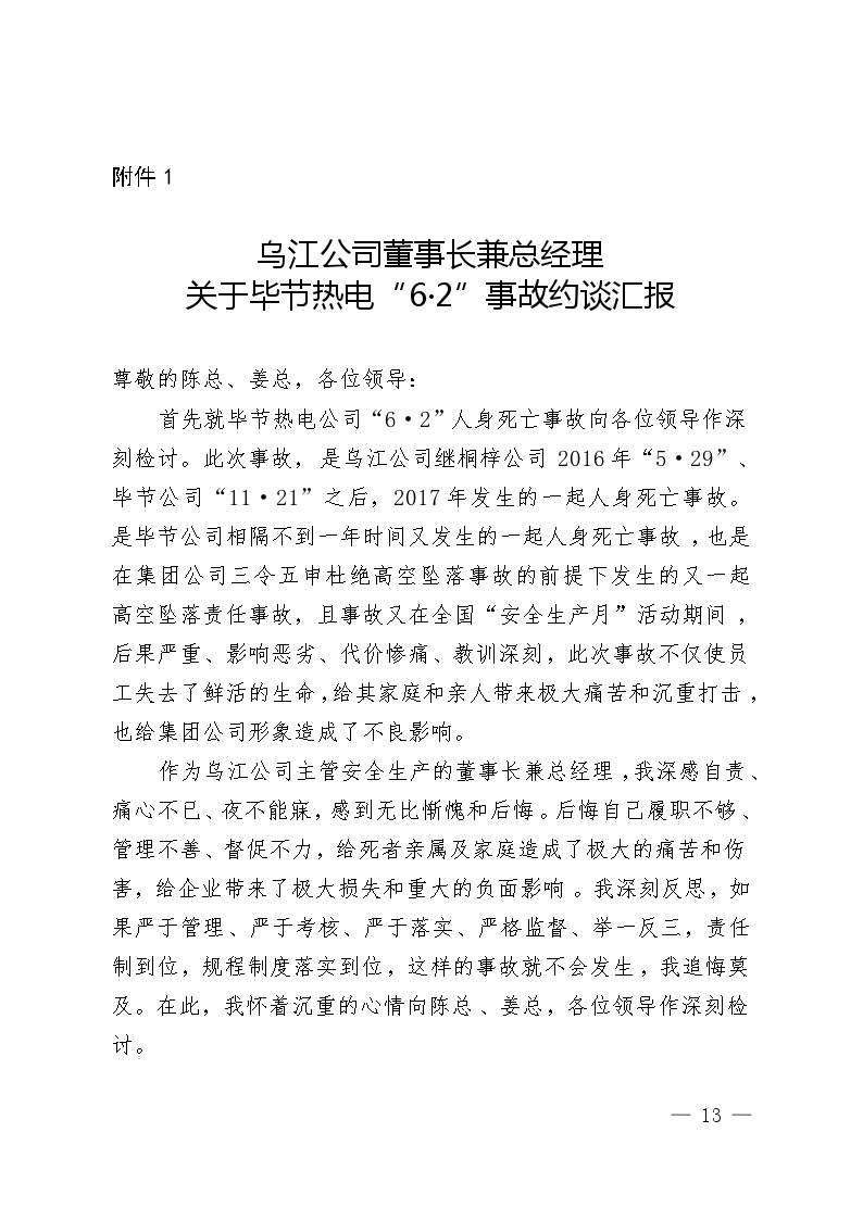 附件1：乌江公司董事长兼总经理关于毕节热电“6·2”事故约谈汇报.doc
