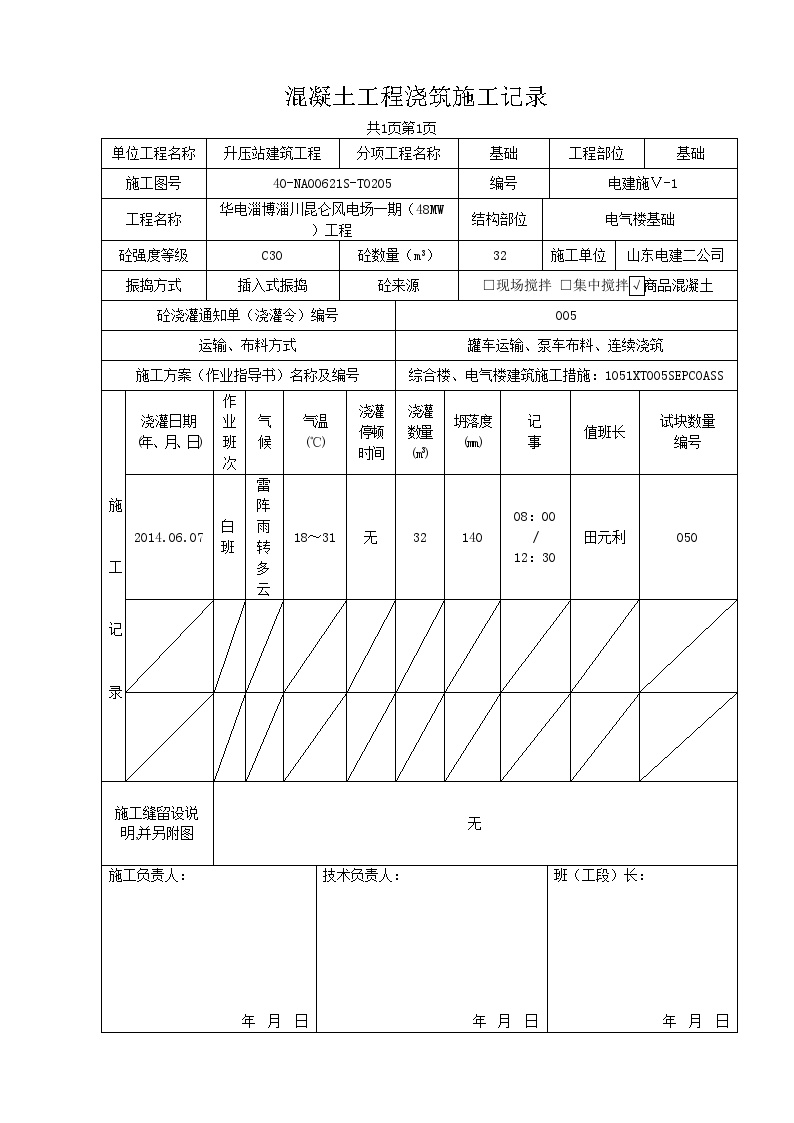 XX风电工程项目淄川升压站电气楼浇筑记录.doc-图二