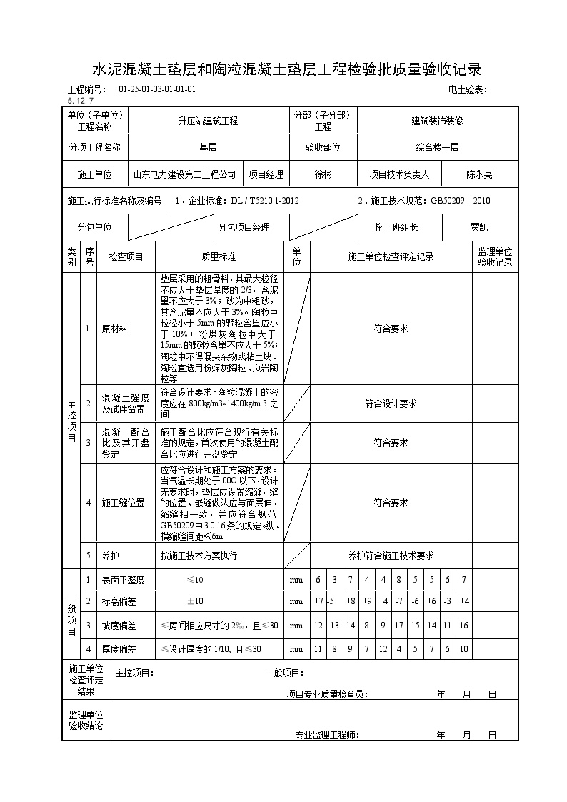 XX风电工程项目5.12.7水泥混凝土垫层和陶粒混凝土垫层工程检验批质量验收记录.doc