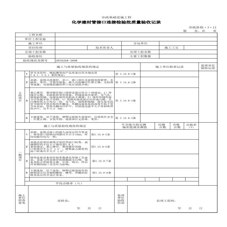 市政给排水管道工程检验批质量验收记录-化学建材管接口连接检验批质量验收记录-图一