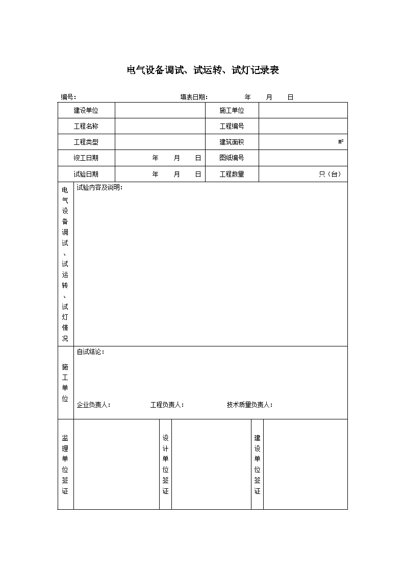 园林绿化古建水电表格-电气设备调试、试运转、试灯记录表-图一