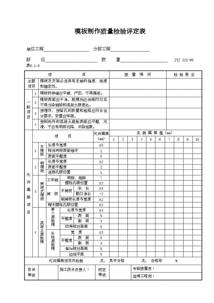港口工程资料-模板制作质量检验评定表_图1