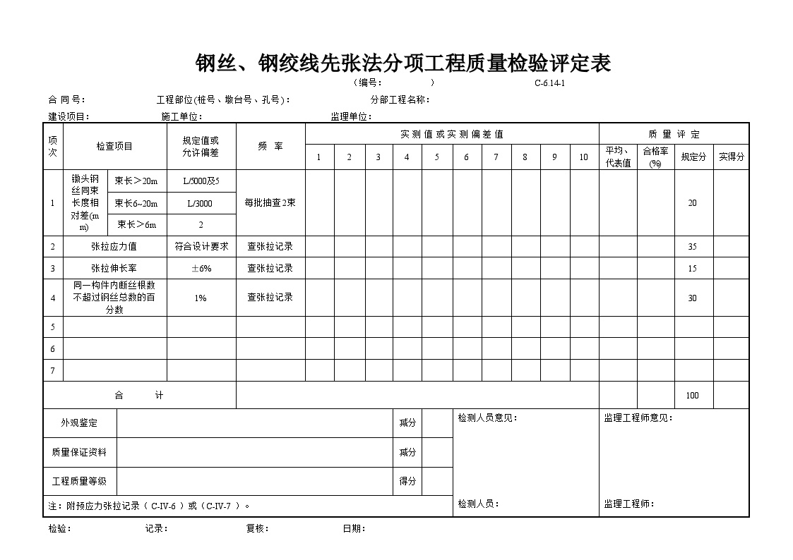 全国通用高速公路资料表格样本C-6.14-1 钢丝、钢绞线先张法评定表.doc-图一