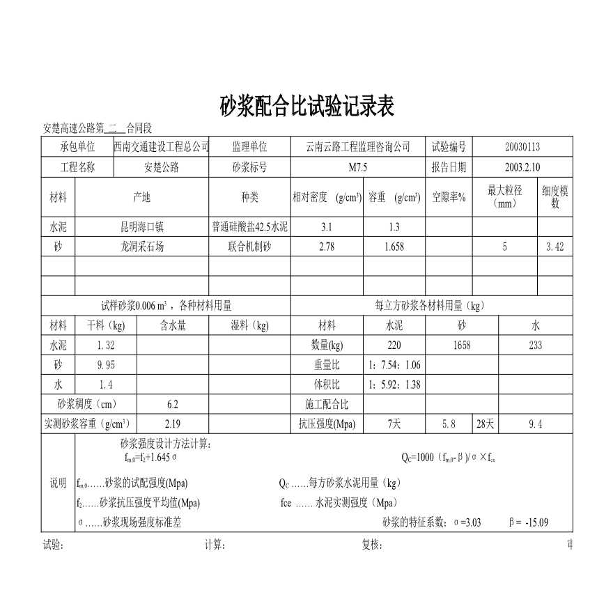 公路工程安楚高速公路第二合同段中心试验室-复件 425砂浆配合比试验记录表220~260-图一