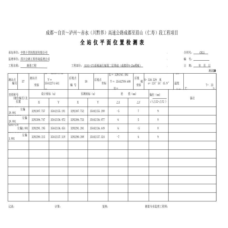 公路工程表格涵洞-全站仪平面位置检测表 (74)-图一