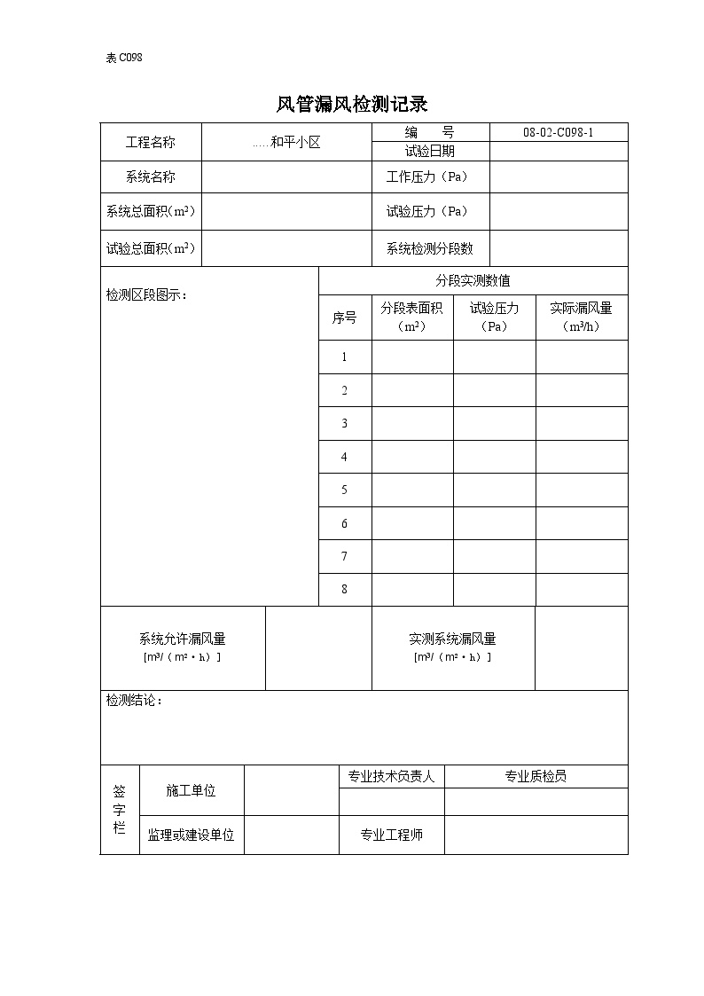 建筑工程新资料标准（暖通）-风管漏风检测记录 (5)-图一