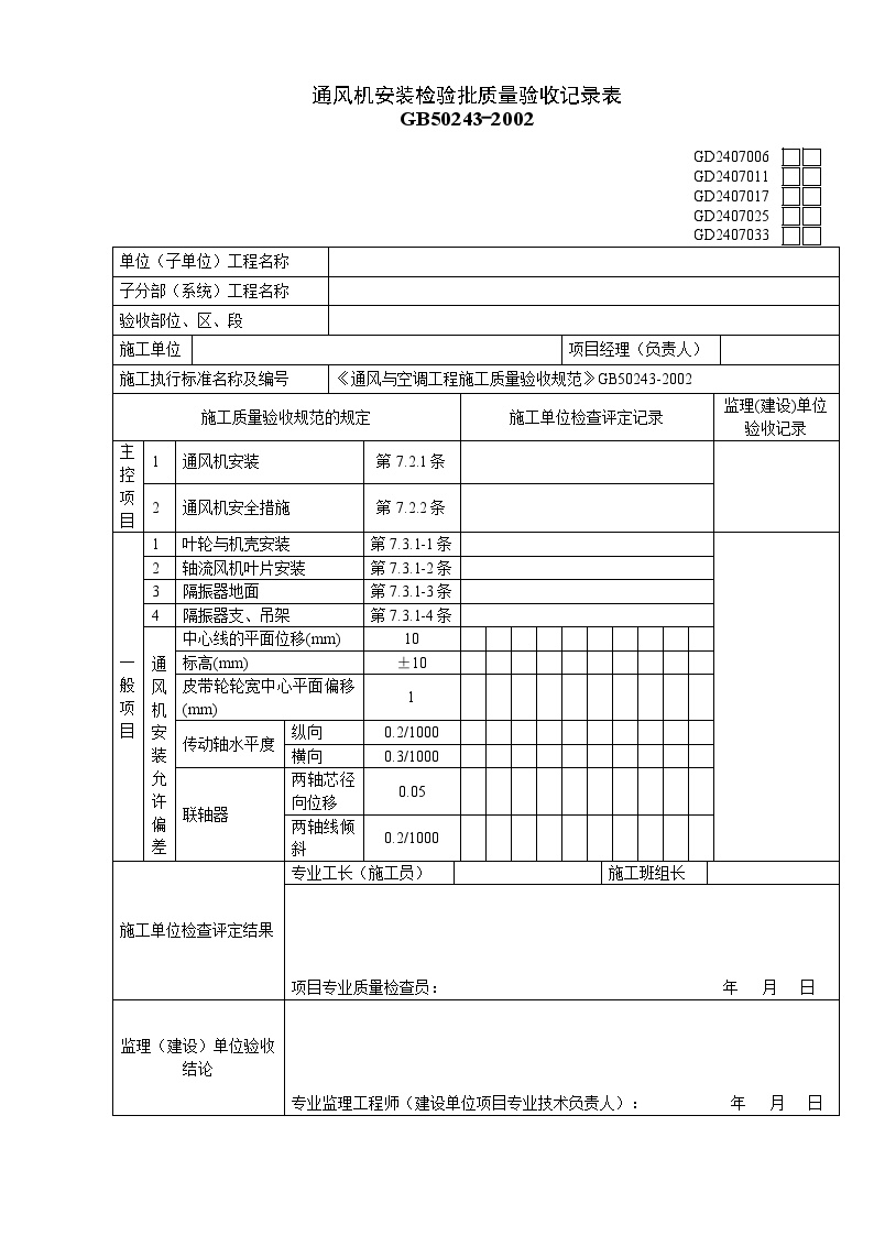 GD2407006 通风机安装检验批质量验收记录表.doc-图一