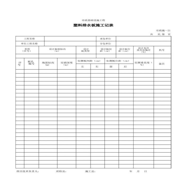 市政表格施工记录-塑料排水板施工记录_图1