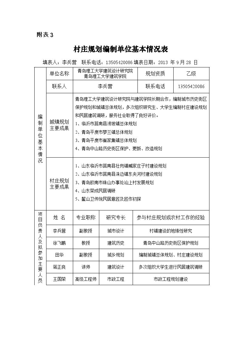 山东省青岛市即墨县金口镇凤凰村村庄规划编制单位基本情况表-图一