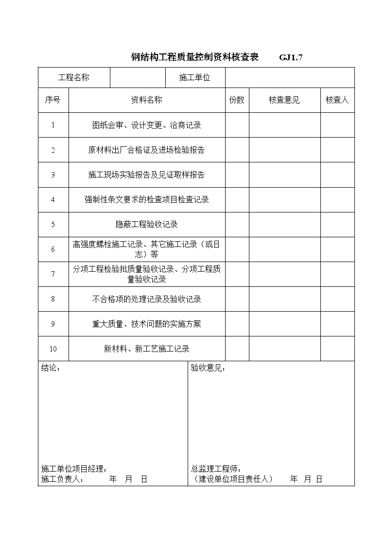 某钢结构工程安装全套验收资料-钢结构工程质量控制资料核查表-图一