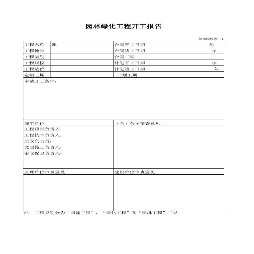 园林工程工业区中心公园绿化资料范本-开工报告-图一