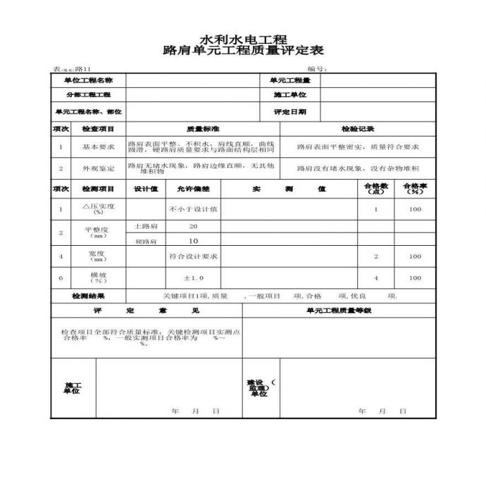 表(粤水)路11 路肩单元工程质量评定表_图1