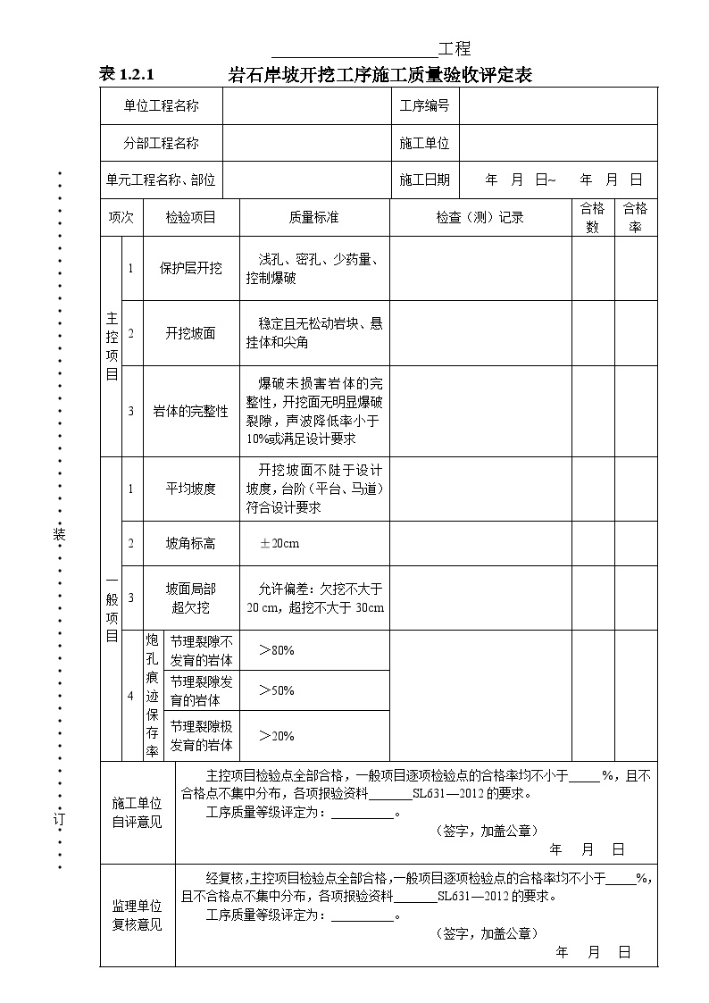 表1.2.1  岩石岸坡开挖工序施工质量验收评定表-图一