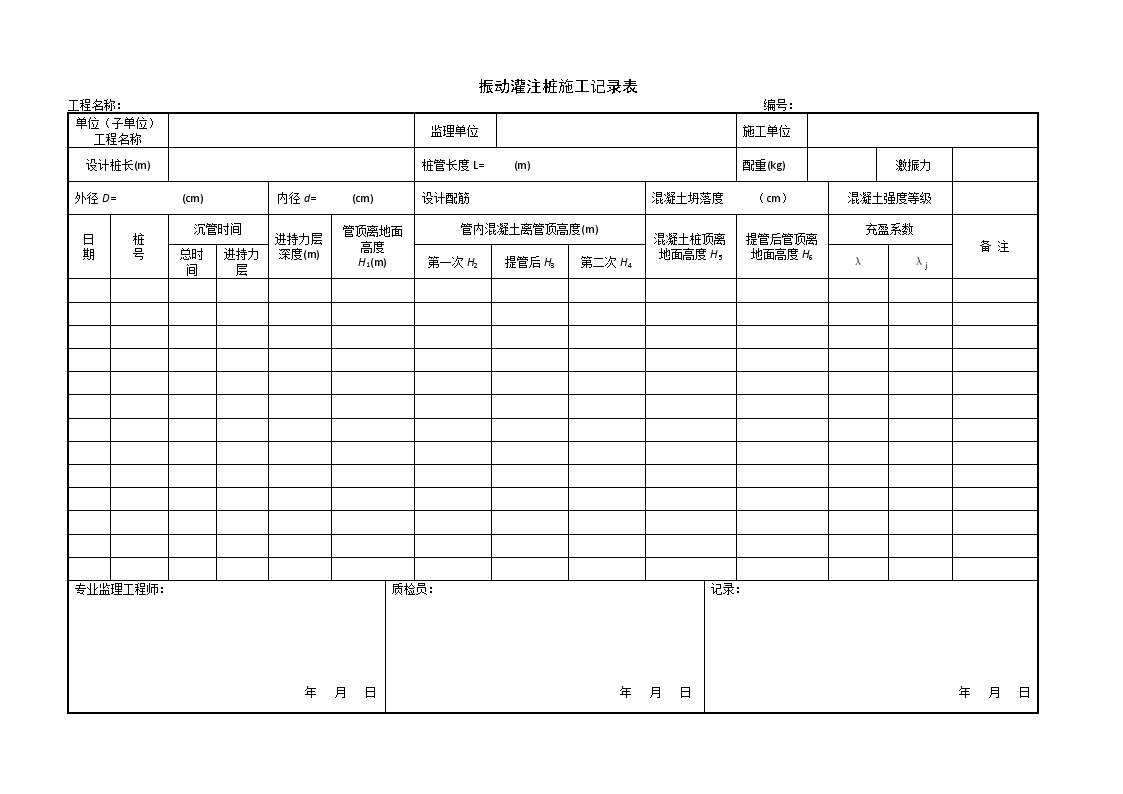 建筑工程 地基处理与桩基施工记录-振动灌注桩施工记录表