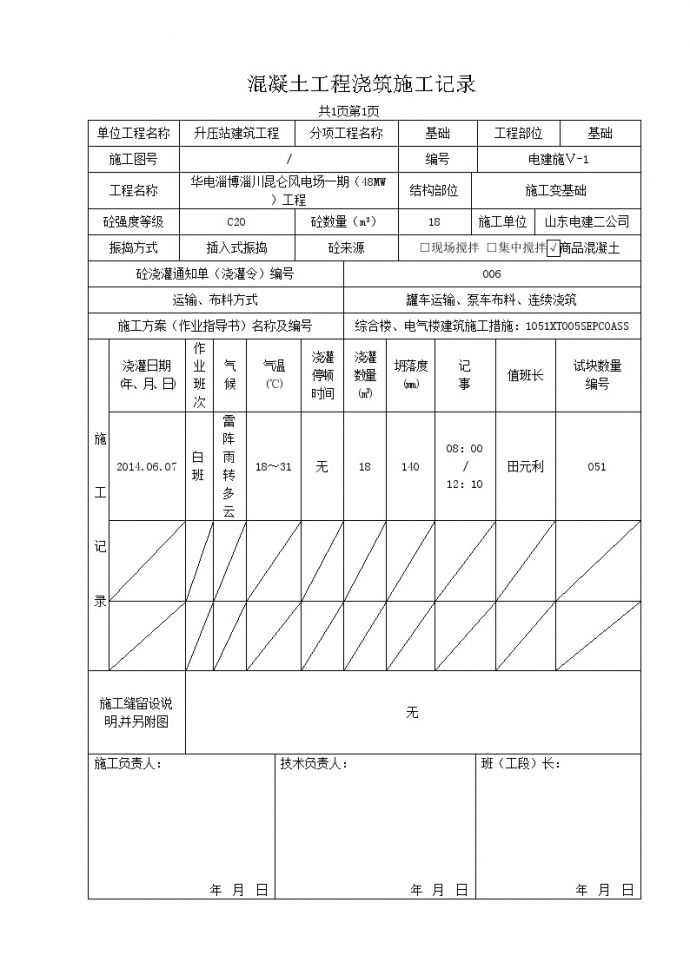 XX风电工程项目淄川升压站其他建筑浇筑记录.doc_图1