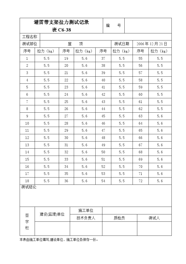 电气专业XXX电气项目资料避雷带支架拉力测试记录-图一