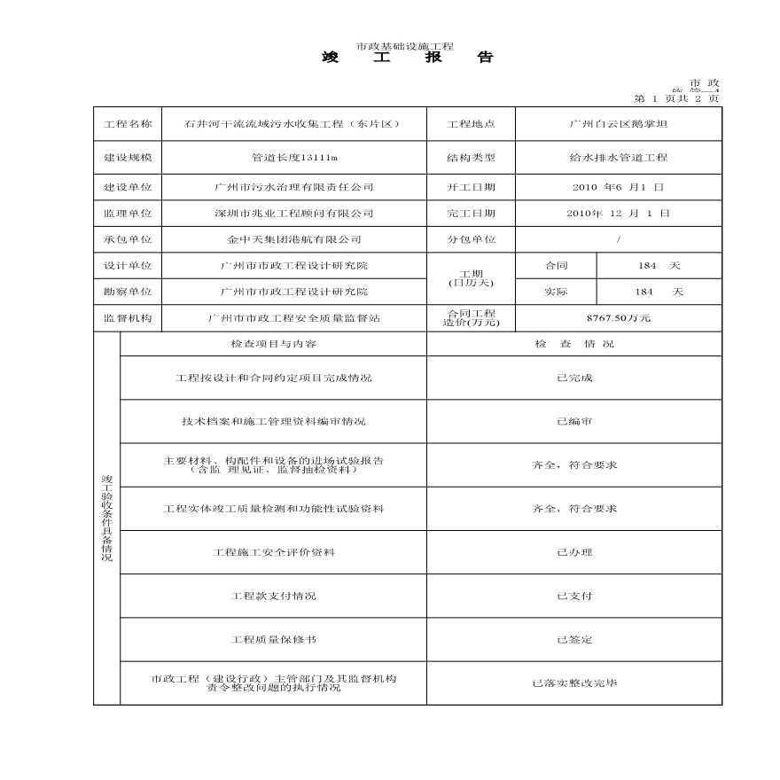 市政排水工程竣工报告-图一