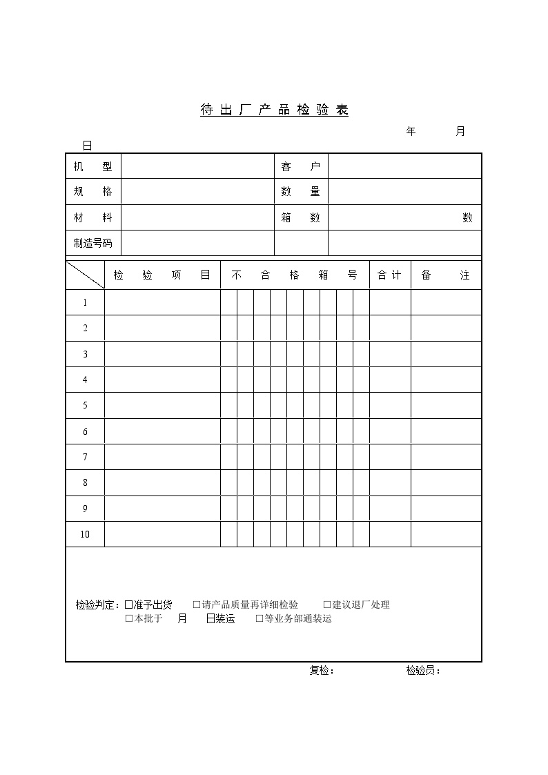 产品质量检验标准表生产部-待出厂产品检验表