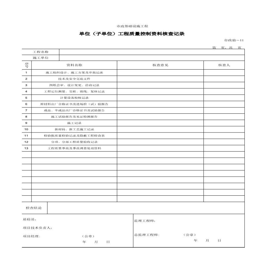 市政统表-单位（子单位）工程质量控制资料核查记录