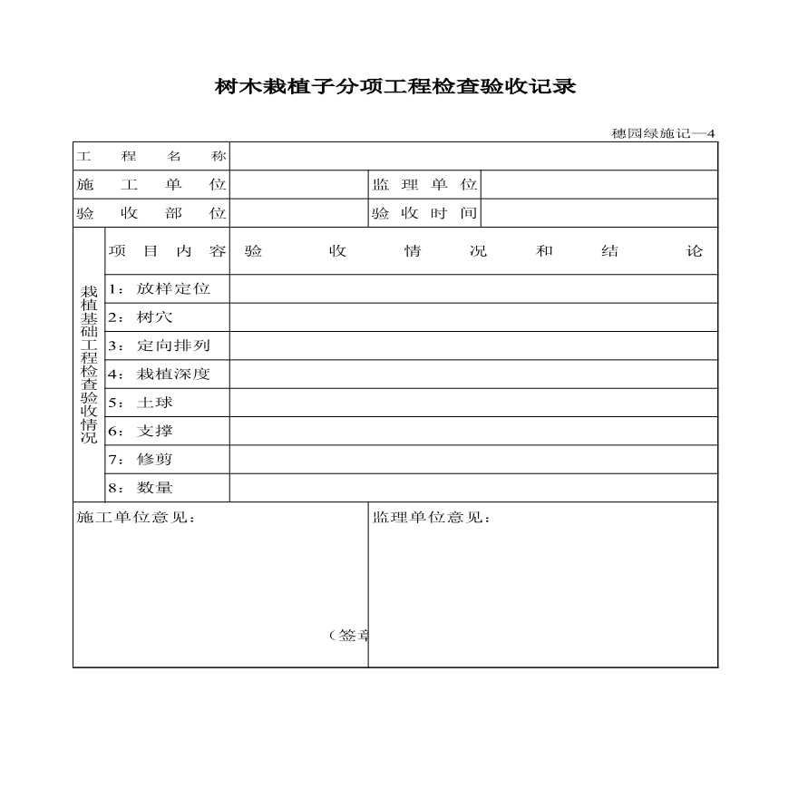 园林工程工业区中心公园绿化资料范本-树木栽植子分项工程检查验收记录-图一