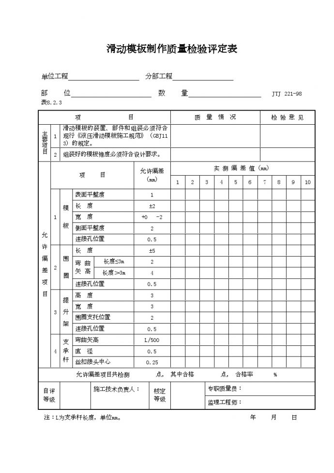 港口工程资料-滑动模板制作质量检验评定表_图1