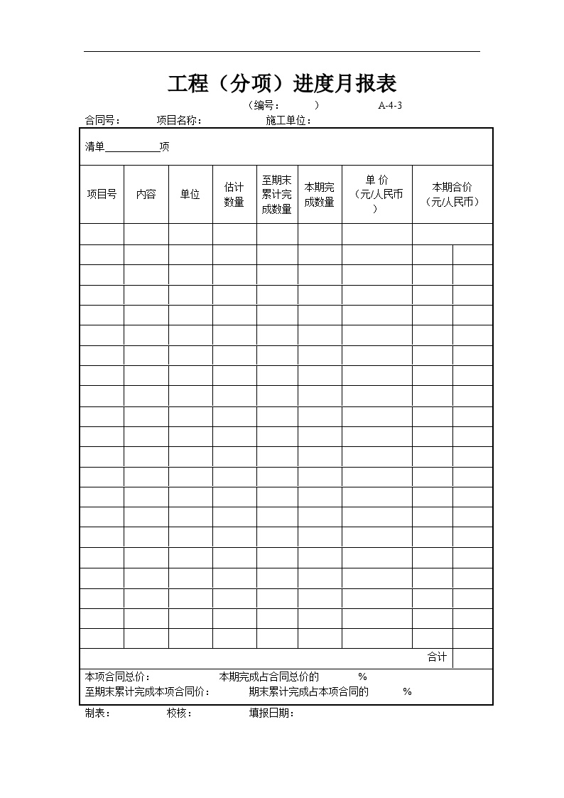 全国通用高速公路资料表格样本A-4-3工程（分项）进度月报表.doc-图一