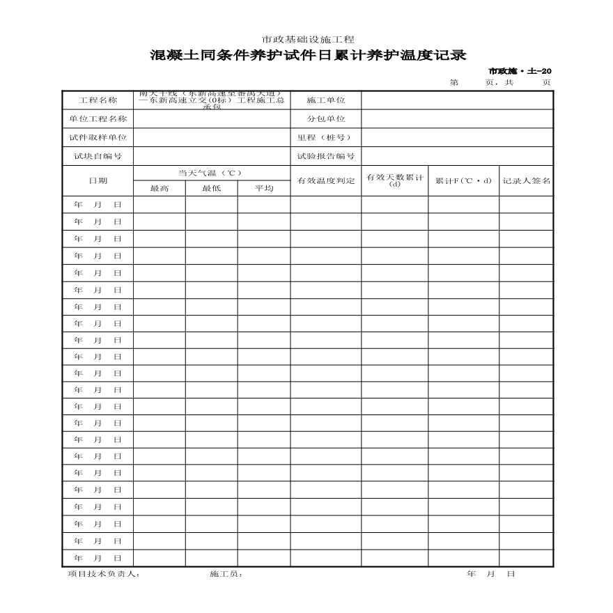 市政施·土-20 混凝土同条件养护试件日累计养护温度记录-图一