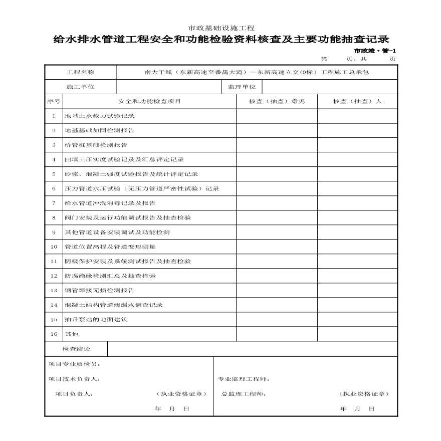 市政竣·管-1 给水排水管道工程安全和功能检验资料核查及主要功能抽查记录-图一