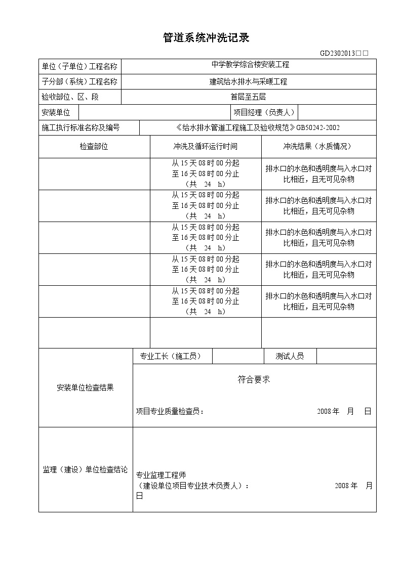 电气专业XXX电气项目资料管道系统冲洗记录-图一