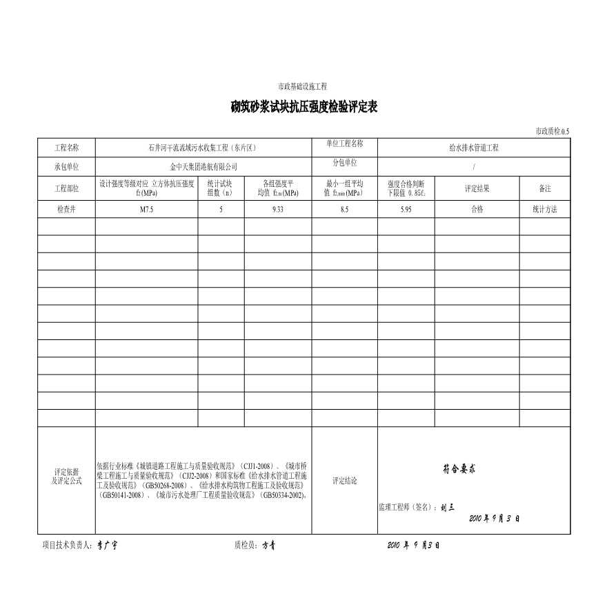 市政排水工程-5、砌筑砂浆试块抗压强度检验评定表 (2)-图一