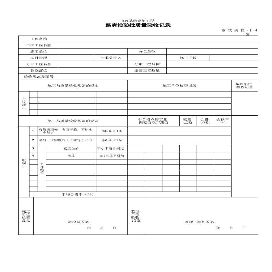 市政道路工程检验批质量验收记录-路肩检验批质量验收记录-图一