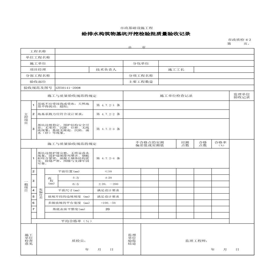 市政给排水构筑物工程检验批质量验收记录-给排水构筑物基坑开挖检验批质量验收记录-图一