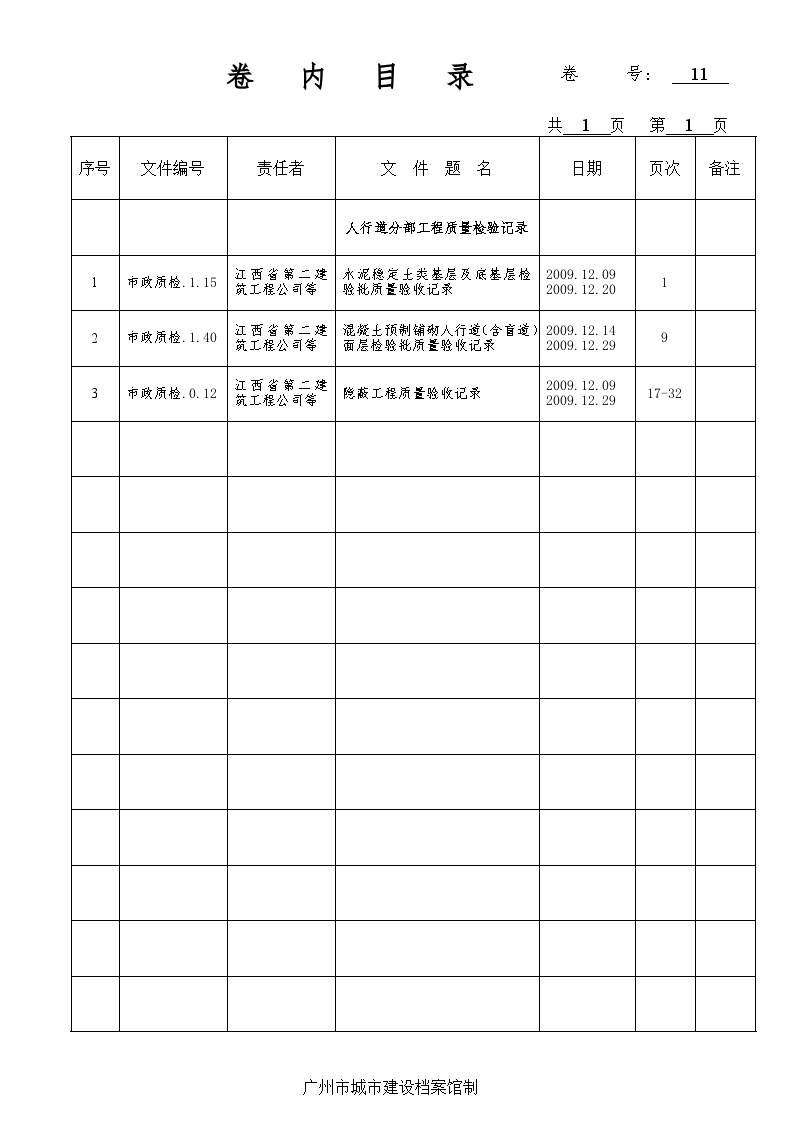 道路工程人行道分部工程质量检验记录-人行道分部（第11卷）——卷内目录-图一