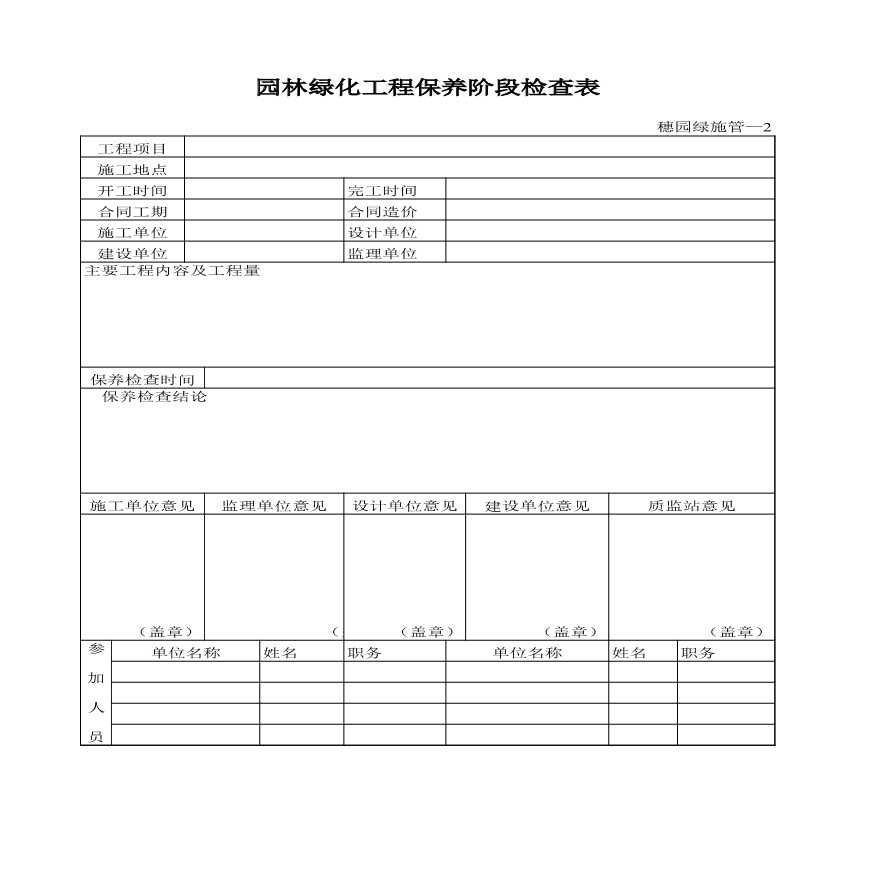 园林工程工业区中心公园绿化资料范本-园林绿化工程保养阶段检查表-图一