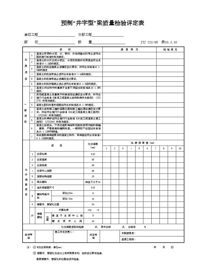 港口工程资料-预制“井字型”梁质量检验评定表_图1