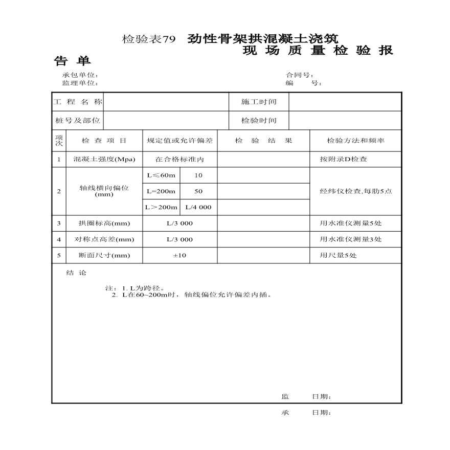 公路工程公路表格-检验表79 劲性骨架拱混凝土浇筑-图一