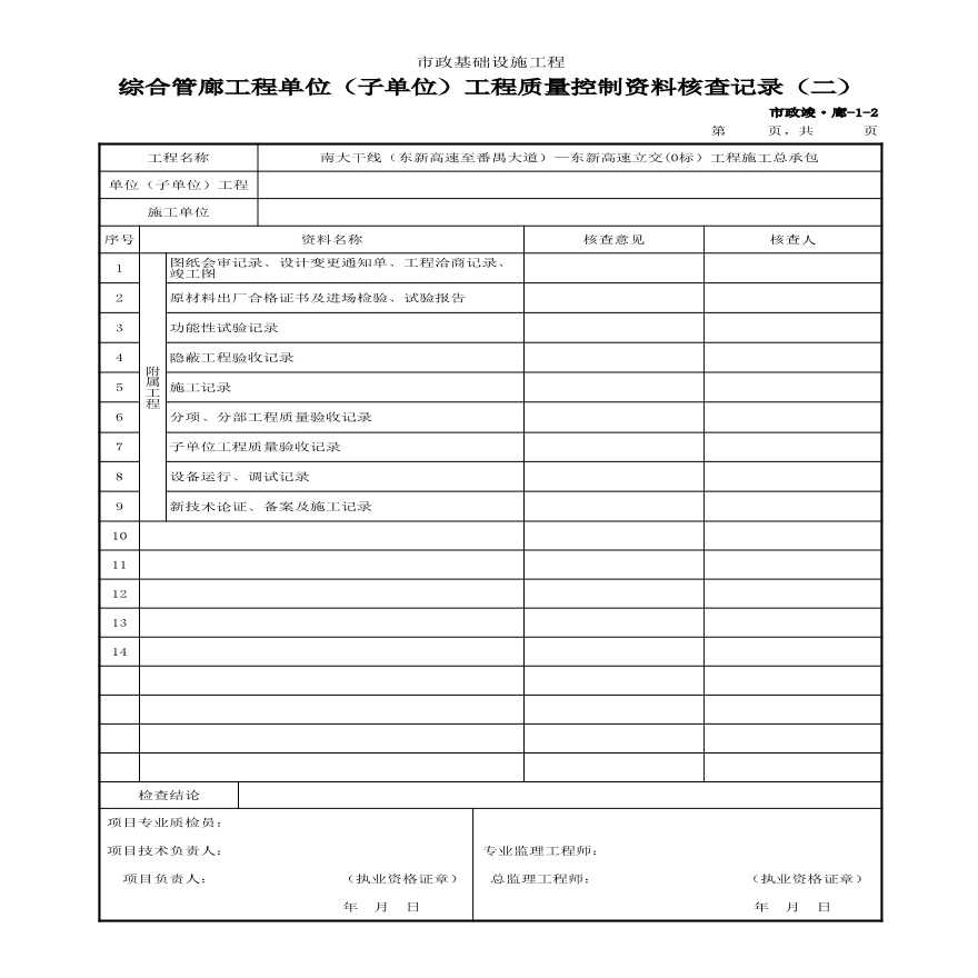 市政竣·廊-1 综合管廊工程单位（子单位）工程质量控制资料核查记录（一）（二）-图二