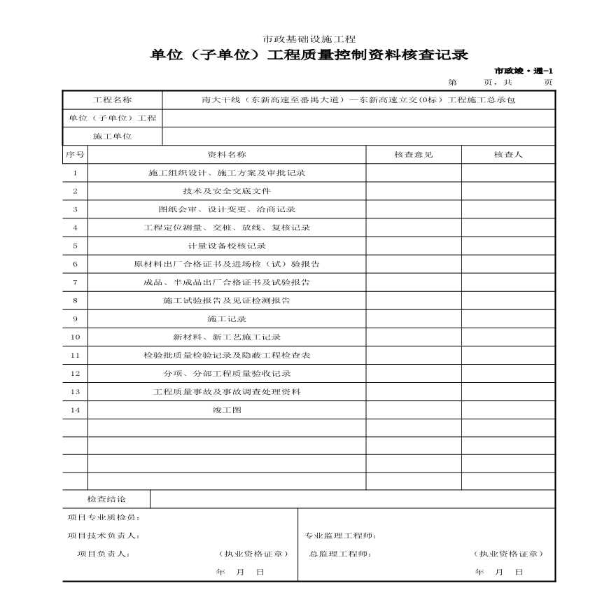 市政竣·通-1 单位（子单位）工程质量控制资料核查记录-图一